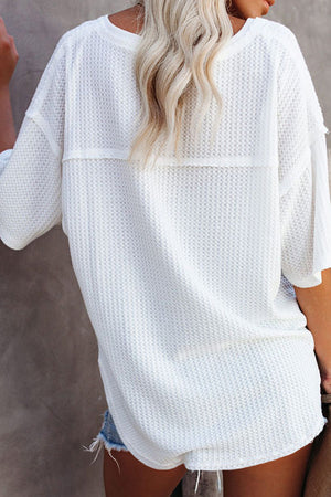 Erin Waffle Knit V-Neck Oversized Tee, Offered in 2 colors